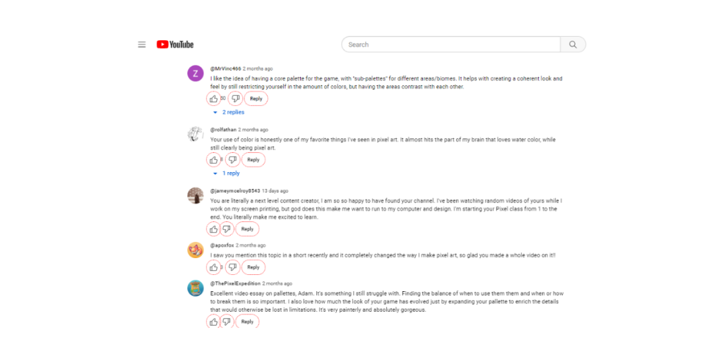 The comments under the YouTube Pixel art programs class appreciate the insights and teachings
