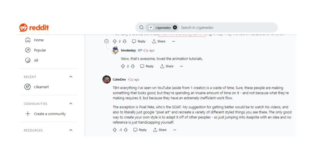The comment on Reddit highlights Pixel Pete as an exceptional instructor