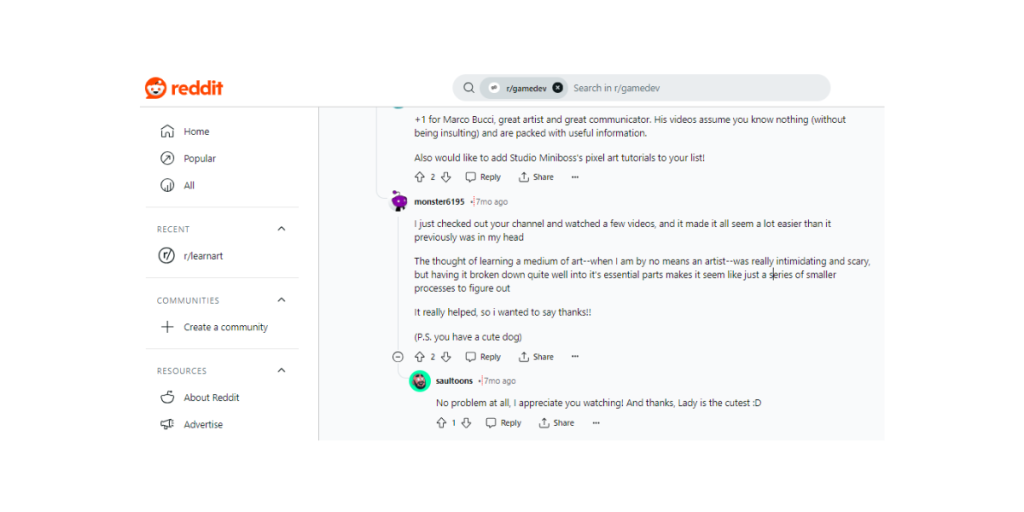 Reddit comments about Saultoons show viewers appreciate the tutorials